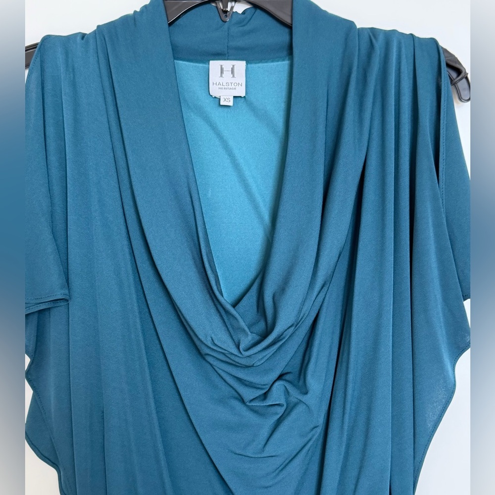 Halston Heritage Teal Draped Cowl Neck Ruched Cocktail Dress XS/2
